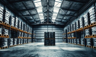 Obraz premium Industrial warehouse interior with stacked goods on pallets, ready for distribution