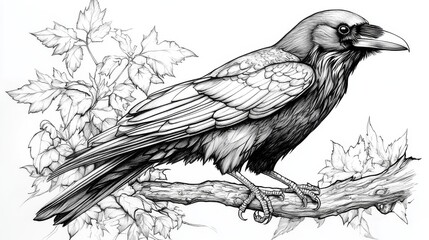 Obraz premium Black and white raven illustration on branch with leaves