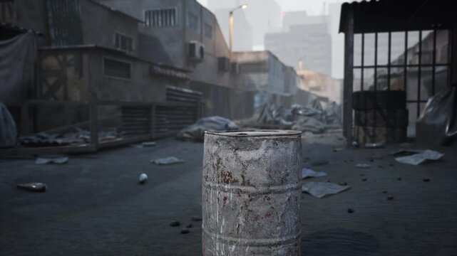 A desolate urban street is strewn with debris, featuring a rusted barrel at the foreground. The gray light of dawn casts an eerie atmosphere over the neglected buildings and scattered trash.