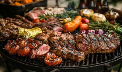 Sizzling Barbecue Grill with Assorted Meats and Vegetables, Friends Enjoying Summer Party in the Background, Outdoor Cooking Fun and Social Event, Generative AI