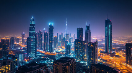 Urban cityscape panoramic night banner vector cartoon illustration with buildings, city skyline with skyscraper and tower architecture, megapolis landscape, town scenic background