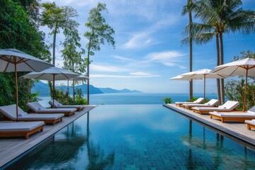 Fototapeta premium stunning infinity pool at luxury resort bordered by sleek wooden loungers with white cushions and large umbrellas