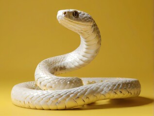 Fototapeta premium 3D Render of Snake Coiled on Yellow Background with Gold and White Patterned Skin, Yellow Eyes, Ready to Strike.