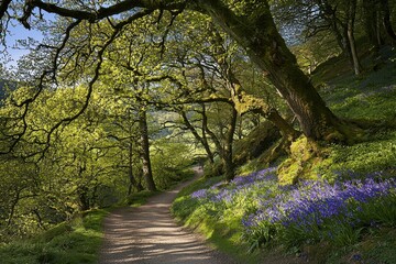 Fototapeta premium Path Through a Spring Forest A winding dirt path through a vibrant green forest, with dappled sunlight on the ground