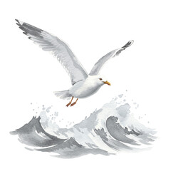Naklejka premium Elegant White Seagull Soaring Over Ocean Wave Watercolor Painting Nature Wildlife Bird Art Sky Wing 