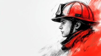Heroic firefighter portrait in red and black line sketch design for print and posters