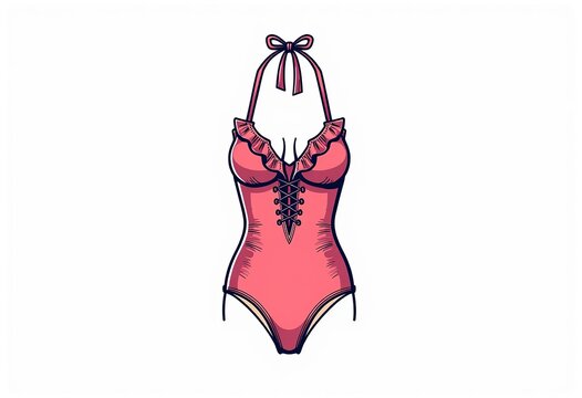 pink swimsuit with ruffles and lace-up detail clip art preview