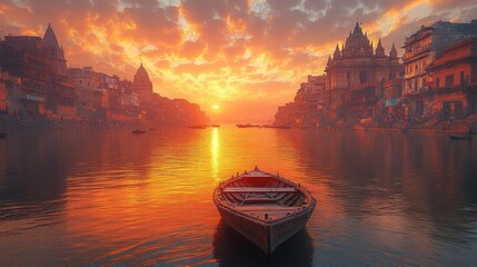 The timeless beauty of Varanasi at sunset with the Ganges River. Generative AI