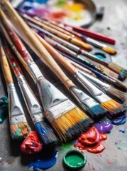 Obraz premium Colorful paintbrush collection on messy table in art studio setting, vibrant colors and creative atmosphere.