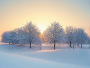 Winter Wonderland: Serene Landscape with Snowcovered Trees at Sunset