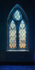 Stained glass arched window in dark room with geometric design and gradient blue colors, creating eerie and mysterious mood.