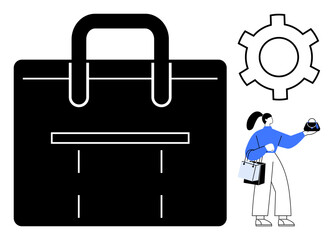 Woman holding shopping bags and inspecting product with prominent handbag icon and gear symbol. Ideal for retail, shopping, consumer behavior, e-commerce, marketing, product analysis, work-life