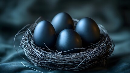 Glistening Black Eggs Nestled in an Intricately Woven Radiant Silver Nest Set Against a Smooth Dark Blue Background for an Easter Wonderland
