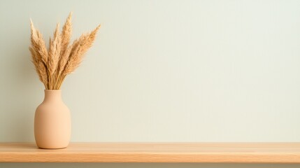 Home Decor Item Modern ceramic vase with dried pampas grass, placed on a minimalist wooden shelf, natural light illuminates the scene