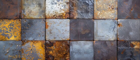 Vintage patchwork concrete and stone texture wall with rusty brown and gray worn tiles