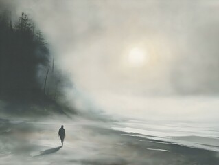 misty beach sunrise, lone figure walking, soft orange and grey tones