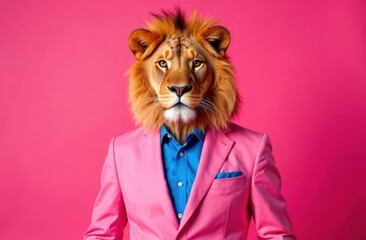 Stylish lion in a pink suit with a blue shirt, monochrome pink background, commercial photography for advertising