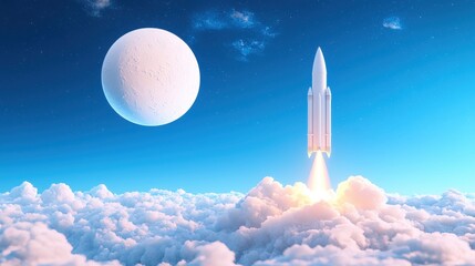 Naklejka premium Innovation Rocket 3D rendered rocket soaring through the clouds, blue sky background, symbolizes progress and innovation