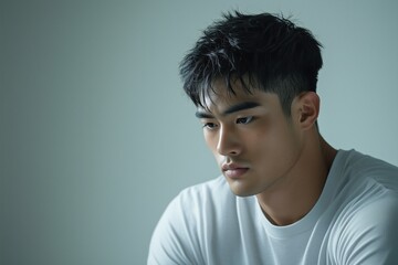 Pensive young man in white shirt looking aside against a neutral gray background. Thought and reflection concept.