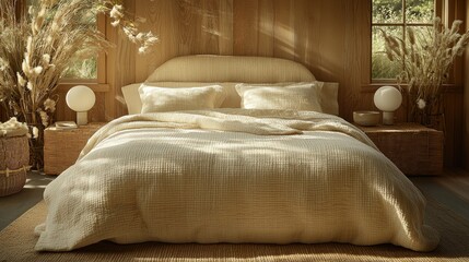 Creamy Textured Bedding in a Cozy Wooden Room