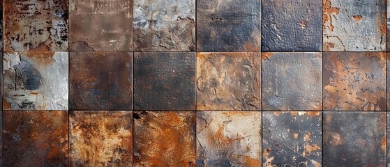 Vintage patchwork concrete and stone texture wall with rusty brown and gray worn tiles