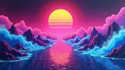  A retro-futuristic abstract scene with glowing neon waves, gradients of purple, pink, and cyan, and a subtle grid pattern evoking 1980s synthwave vibes.