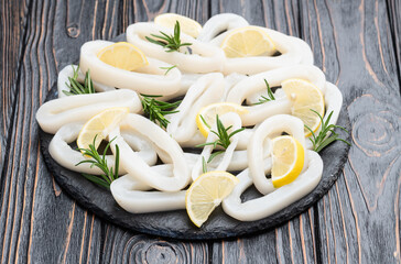 Squid tube and ring photography . Seafood top view