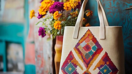 Modern Cross-Stitch Tote Bag with Geometric Embroidery (Generative AI)