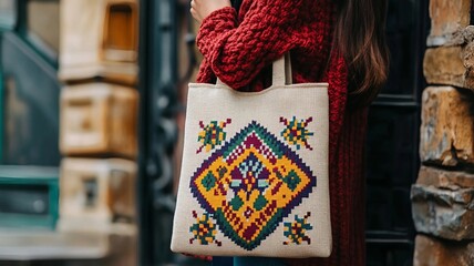 Modern Cross-Stitch Tote Bag with Geometric Embroidery (Generative AI)