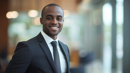 Fototapeta premium A professional headshot of a smiling entrepreneur in formal attire, standing confidently in front of a blurred office background, exuding confidence and professionalism.