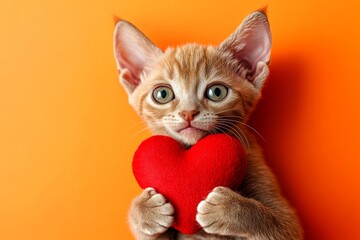 Ad concept depiction design idea. Cute devon rex feline infant with domestic animal toy red heart - sign of love, funny greeting card. Devon rex - my beloved cat. Romantic valentine love.