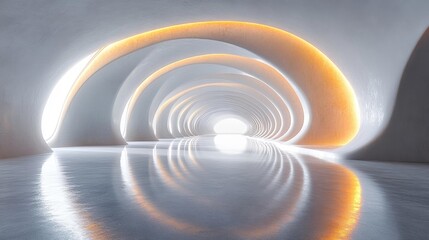Fototapeta premium Sleek white interior with soft lighting and curved architecture. Generative AI