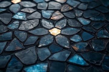 A blue mosaic tile floor with a gold flower in the center