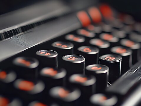 A close-up of a vintage typewriter with highlighted red keys creates a blend of classic and modern elements, emphasizing coding, retro design, and creative writing.