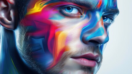 Close-up portrait of a man with colorful abstract paint on his face. Art and self-expression in a vivid conceptual design.