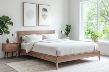 serene bedroom with white walls light wooden bed frame and neutral bedding