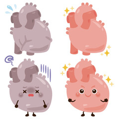 動きが鈍くなっている心臓のキャラクターと元気な心臓のキャラクター