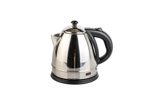 A compact stainless steel kettle with a domed lid and classic onoff indicator light, blending vintage charm with modern utility, isolated on a transparent background