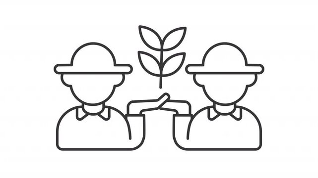 Community gardening line animation. Animated two farmers icon. Collaboration and sustainability concept. Black illustration on white background. HD video with alpha channel. Motion graphic