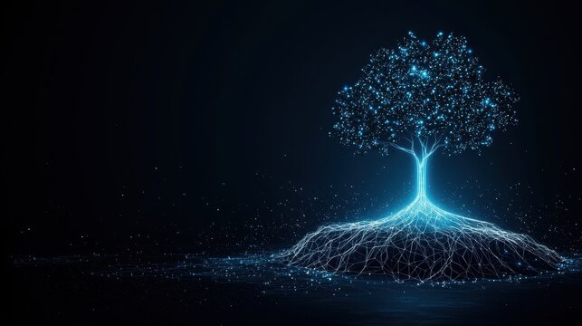 wisdom Tree of Knowledge Tree with roots growing into a network of interconnected lines, dark background, symbolizes the interconnectedness of knowledge