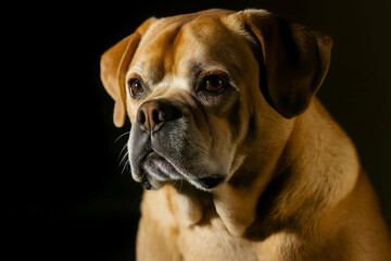 Obraz premium Close-up portrait of a brown dog with deep expressive eyes, illuminated by dramatic lighting against a dark background, showcasing its attentive and thoughtful gaze.