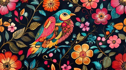 Bird and Flower Motif Pakistani Truck Art Wallpaper (Generative AI)