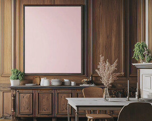 elegant room with pink framed artwork and white furniture
