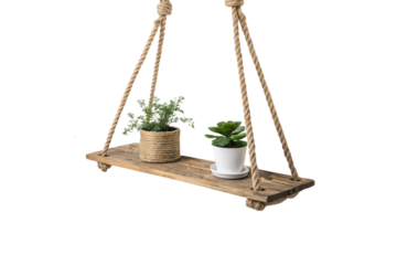 A rustic hanging wooden shelf supported by thick ropes, holding two potted plants a woven basket plant and a glossy white ceramic planter, isolated on a transparent background