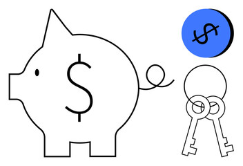 Piggy bank with a dollar sign, set of keys, and dollar sign in a blue circle. Ideal for finance, savings, investment, security, economy wealth management and budgeting. Abstract line flat metaphor