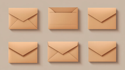 Brown open paper mail mockup. Kraft closed envelope set. 3d realistic vintage blank stationary for bill or brochure. Recycled office document long package with cardboard texture design template