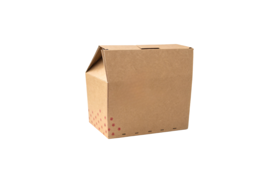 A simple kraft-colored cardboard box with a triangular top, featuring subtle red decorative prints near the base for a minimalist design, isolated on a transparent background