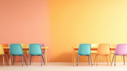 Obraz premium Modern Classroom with Desks and Chairs Bright, modern classroom with colorful desks and chairs, organized and ready for learning.