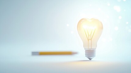 Pencil with Light Bulb Animated pencil icon drawing a light bulb that lights up, white background, dynamic representation of a bright idea