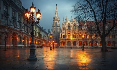 Fototapeta premium Matthias Church illuminated at dusk, Budapest, Hungary. Wet cobblestones reflect warm lamplight